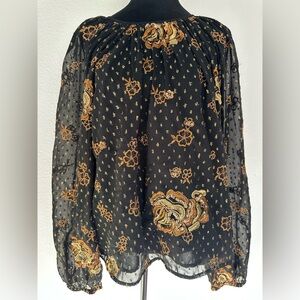 Express Black Sheer Floral Embroidered Sequin Blouse XL Peasant‎ Boho Top